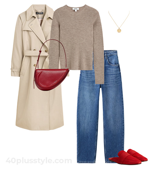 Neutral outfit with red accessories | 40plusstyle.com