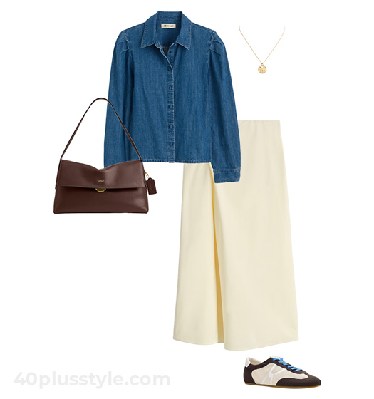 Denim shirt and skirt outfit | 40plusstyle.com