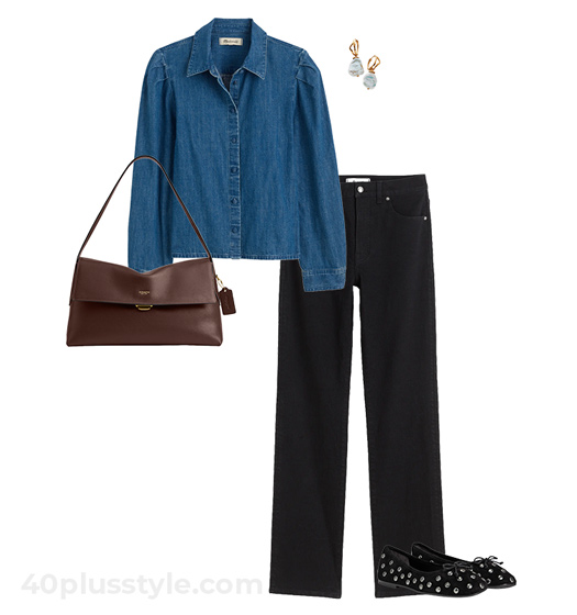 Denim shirt and black jeans | 40plusstyle.com