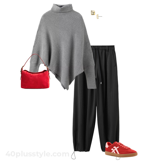 Asymmetric sweater and balloon pants outfit | 40plussyle.com