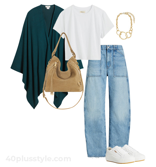 Teal wrap and jeans | 40lusstyle.com