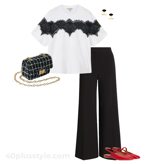 Lace t-shirt and black pants | 40plusstyle.com
