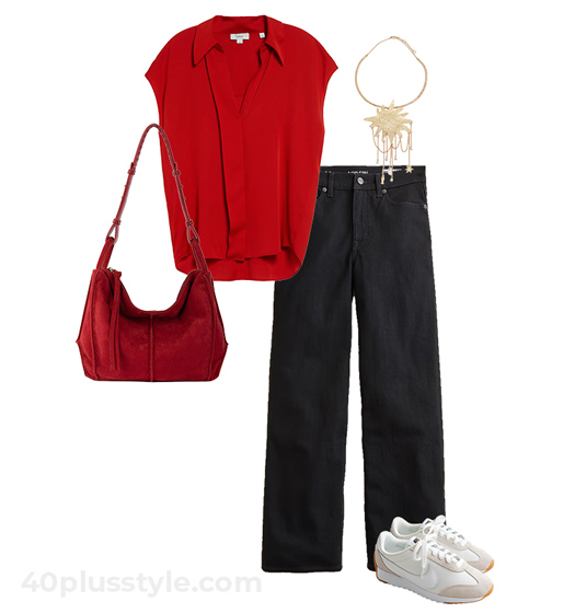 Red top and black jeans | 40plusstyle.com
