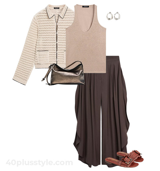 Crochet cardigan and draped pants | 40plusstyle.com