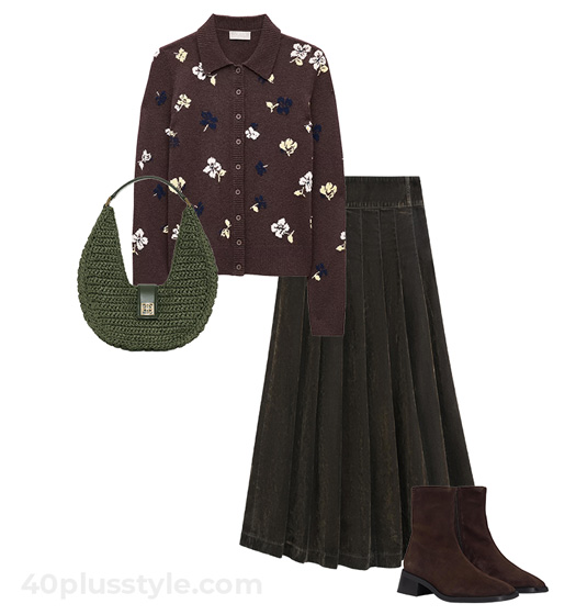 Cardigan and pleated skirt | 40plusstyle.com