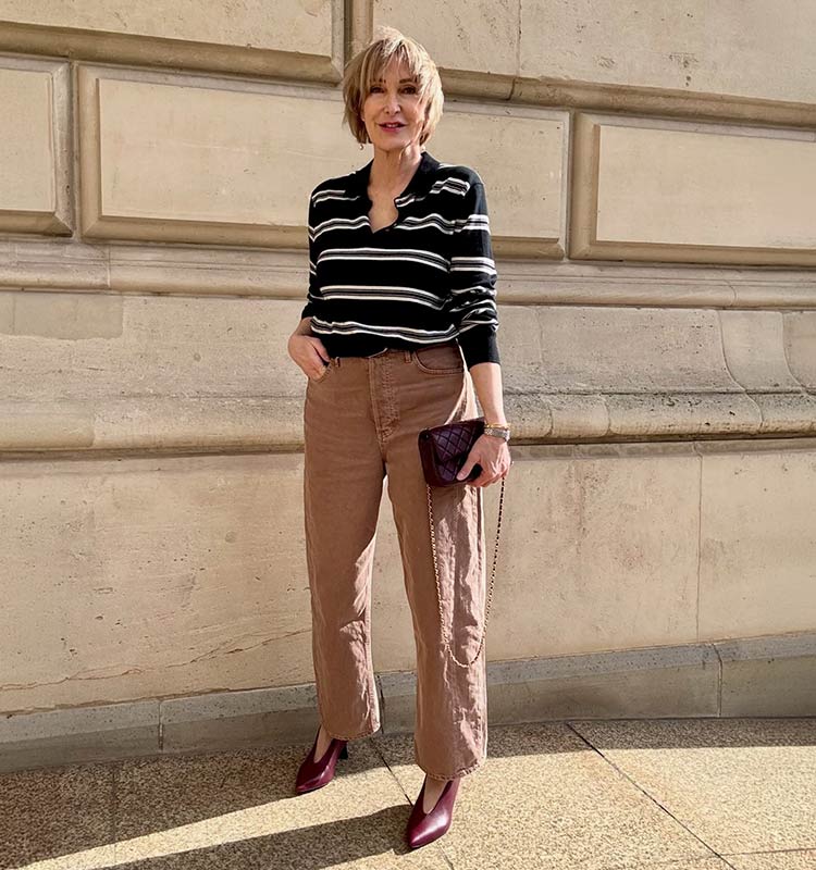 Claudia in a striped top and jeans | 40plusstyle.com
