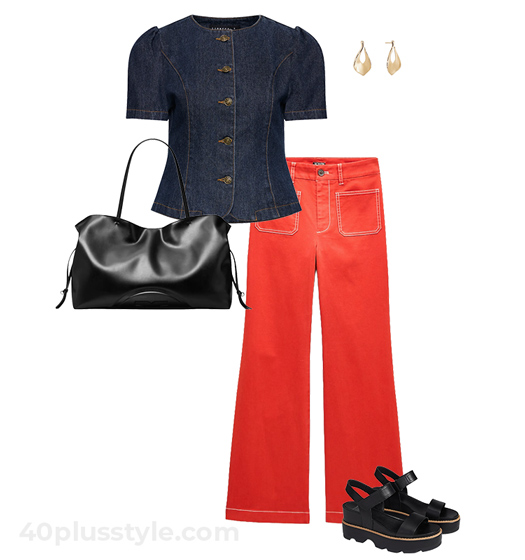 Denim top and red pants | 40plusstyle.com
