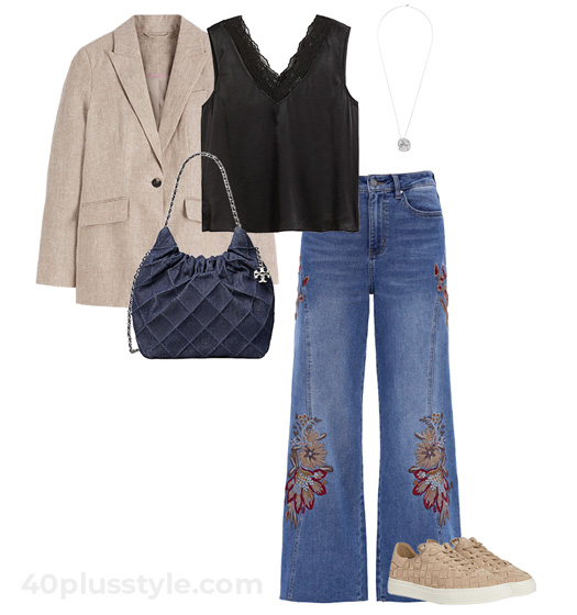 Blazer and embroidered jeans outfit | 40plusstyle.com