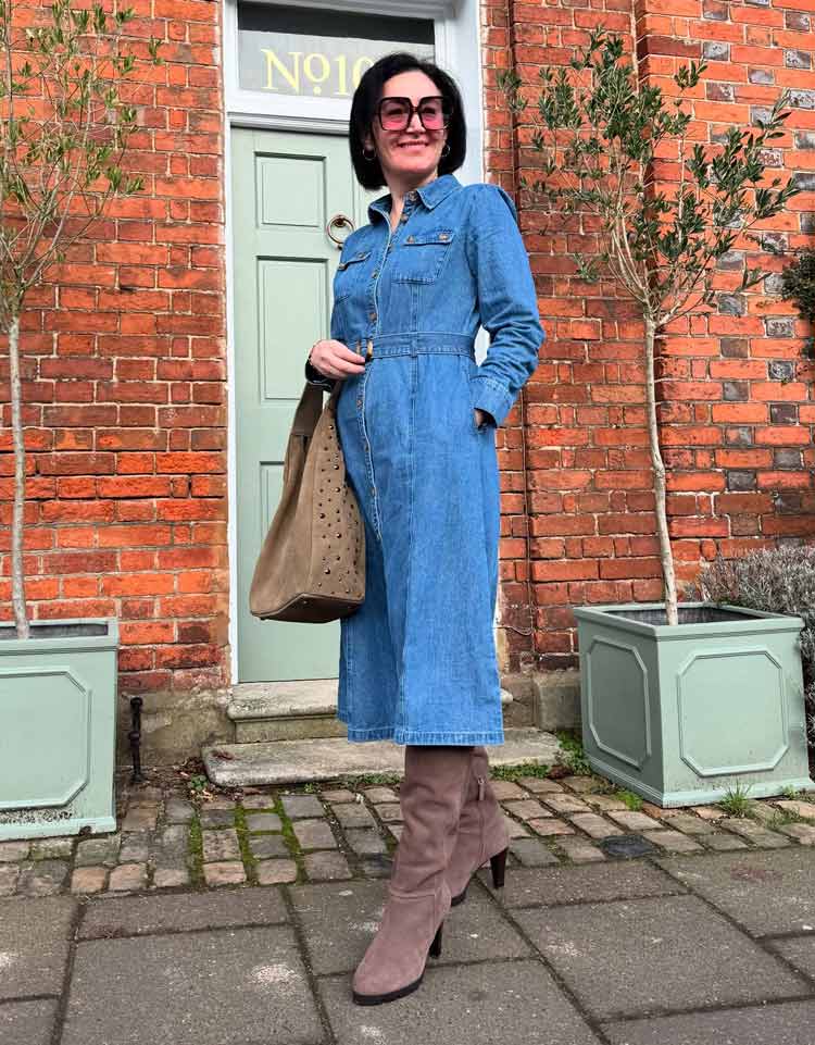 Emms in a denim dress and suede boots | 40plusstyle.com