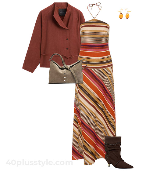 Terracotta jacket and striped dress | 40plusstyle.com
