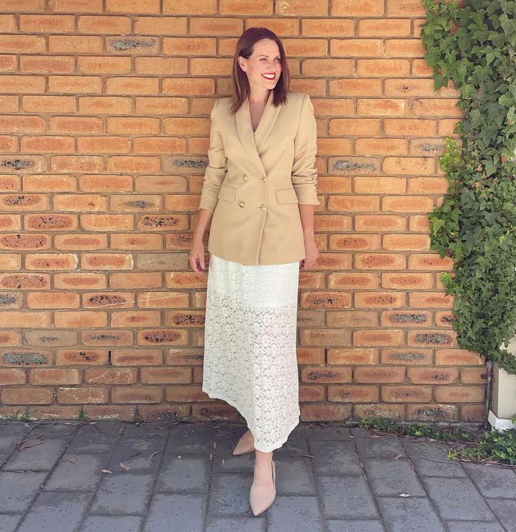 Karen in a lace skirt and blazer | 40plusstyle.com