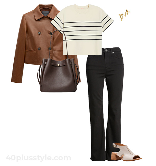 Leather jacket and jeans outfit | 40plusstyle.com