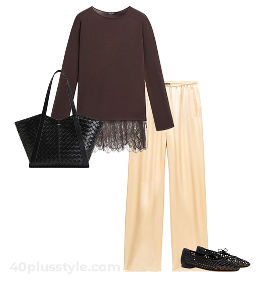 Lace top and satin pants | 40plusstyle.com