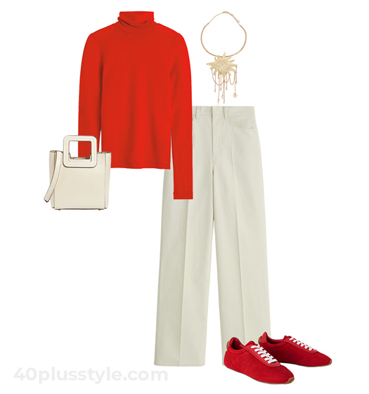 Red top and cream pants outfit | 40plusstyle.com