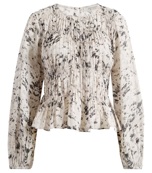 AllSaints Melani Print Gathered Peplum Top | 40plusstyle.com