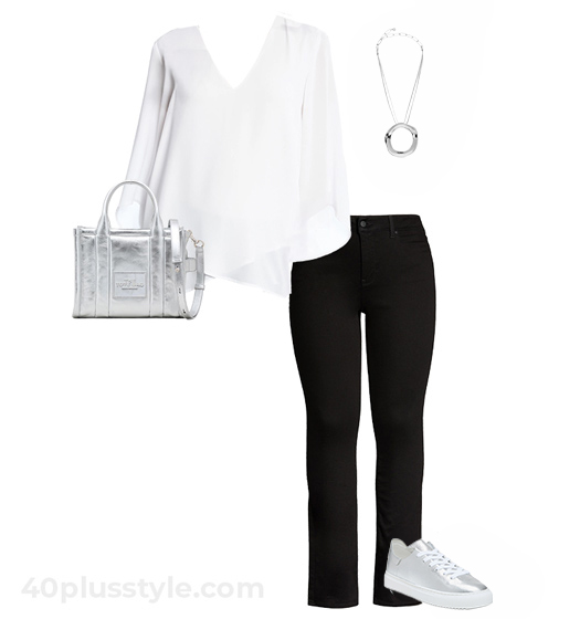Outfit to hide the belly: asymmetric top and jeans | 40plusstyle.com