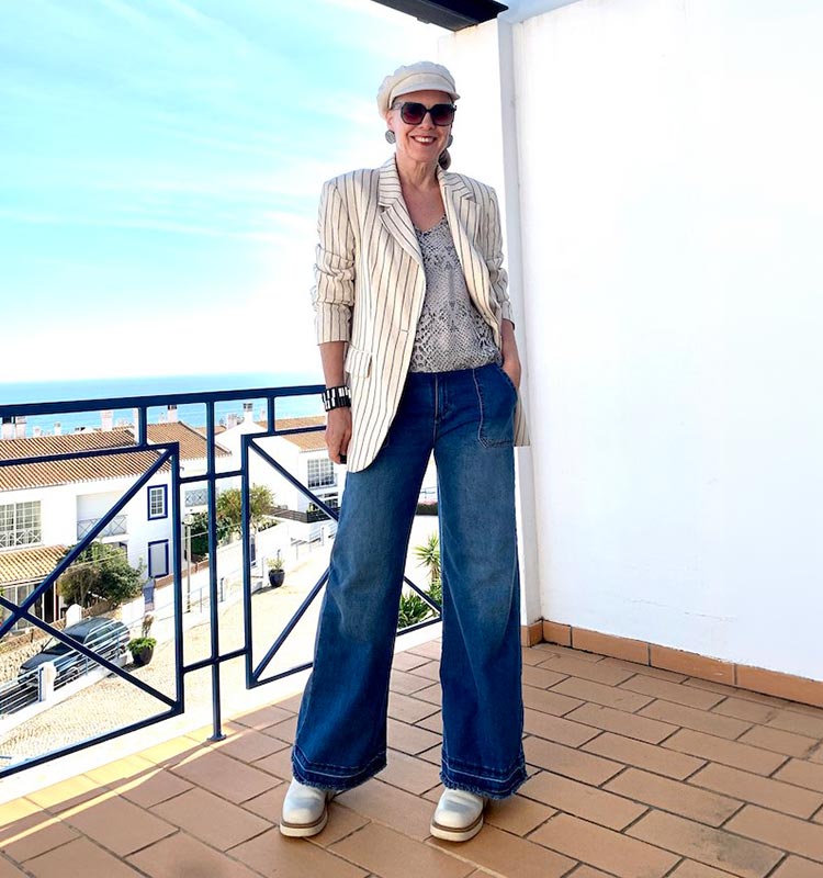 Sylvia in a stripe jacket and jeans | 40plusstyle.com