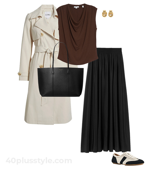 Trench coat and skirt with sneakers | 40plusstyle.com
