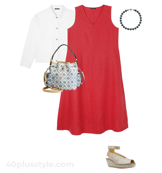 Red dress and white jacket outfit | 40plusstyle.com