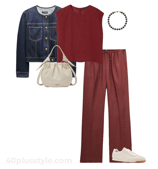Denim jacket and silky pants outfit | 40plusstyle.com