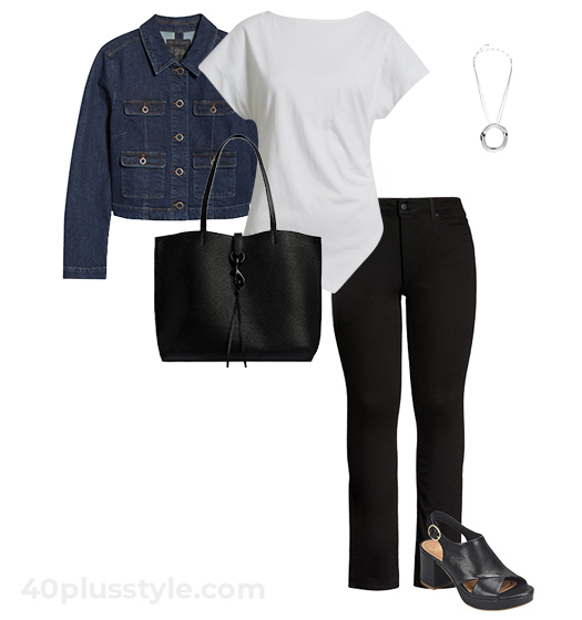 Denim jacket, asymmetric top and jeans | 40plusstyle.com