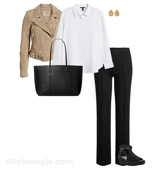 Suede jacket and black pants | 40plusstyle.com