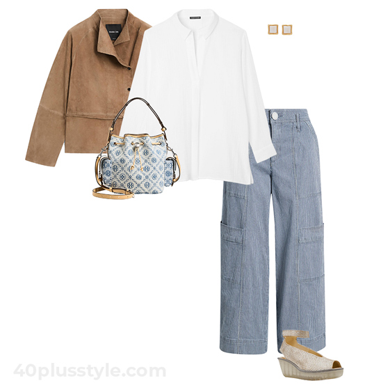 Suede jacket and utility pants outfit | 40plusstyle.com