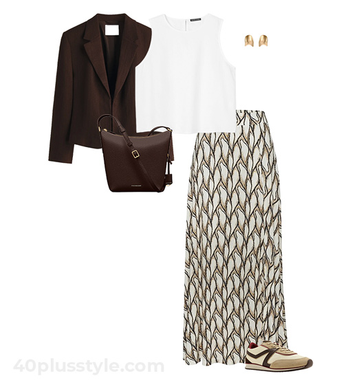 Blazer and print skirt outfit | 40plusstyle.com