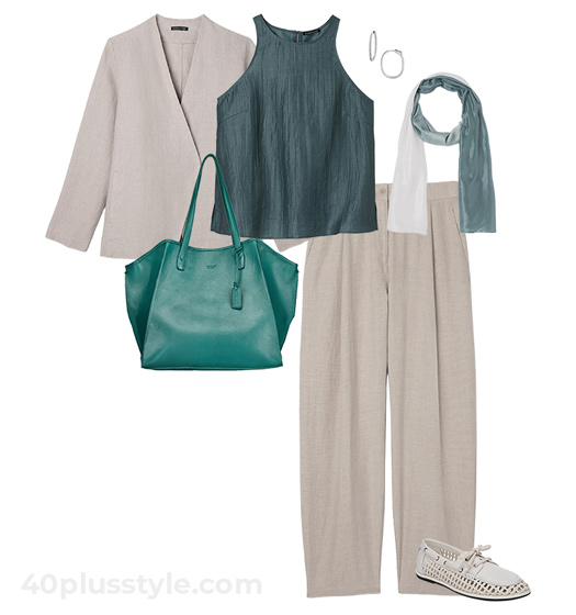 Beige and teal outfit | 40plusstyle.com