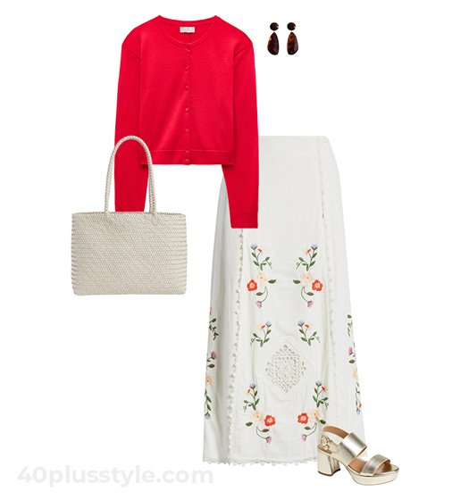 Red cardigan and floral skirt | 40plusstyle.com