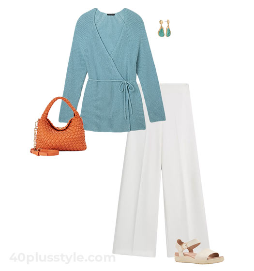 wrap cardigan and wide pants | 40plusstyle.com