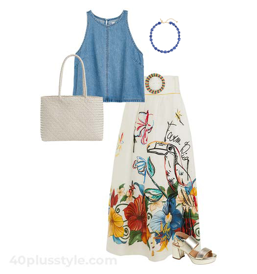 Denim top and print skirt | 40plusstyle.com