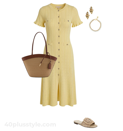 Yellow dress and rattan shoes | 40plusstyle.com