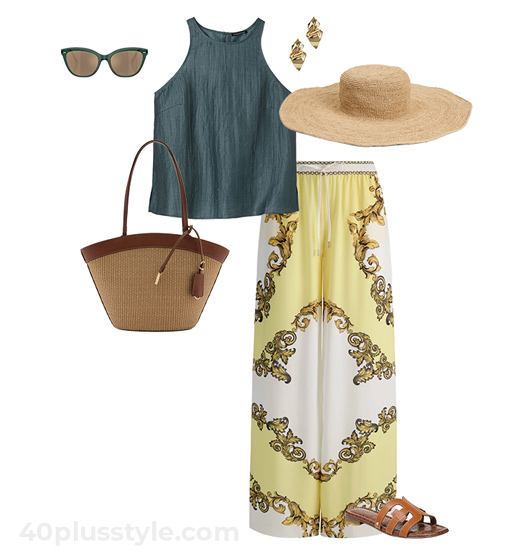 Teal top and print pants | 40plusstyle.com
