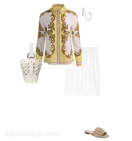 Yellow shirt and white shorts | 40plusstyle.com