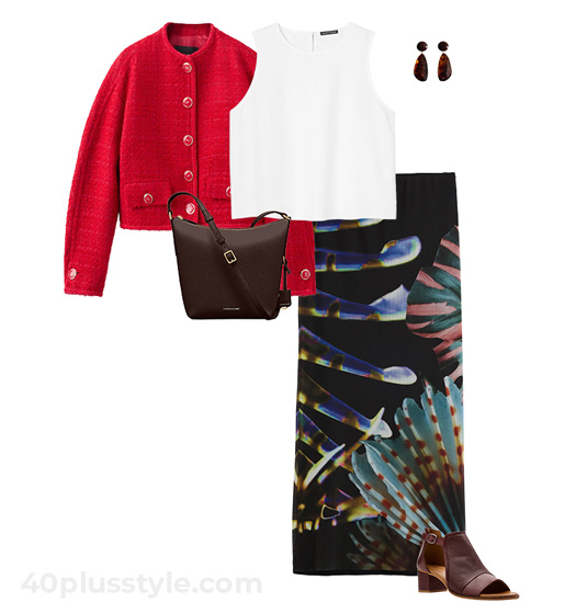 Red cardigan and print skirt | 40plusstyle.com