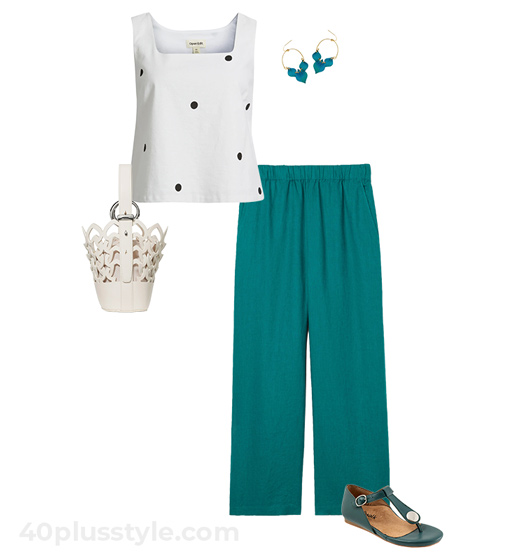 Polka dot top and teal pants | 40plusstyle.com