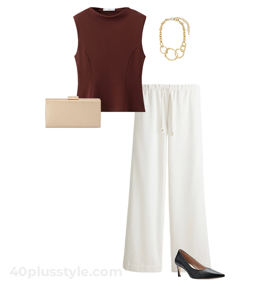 Brown tank top and white pants outfit | 40plusstyle.com