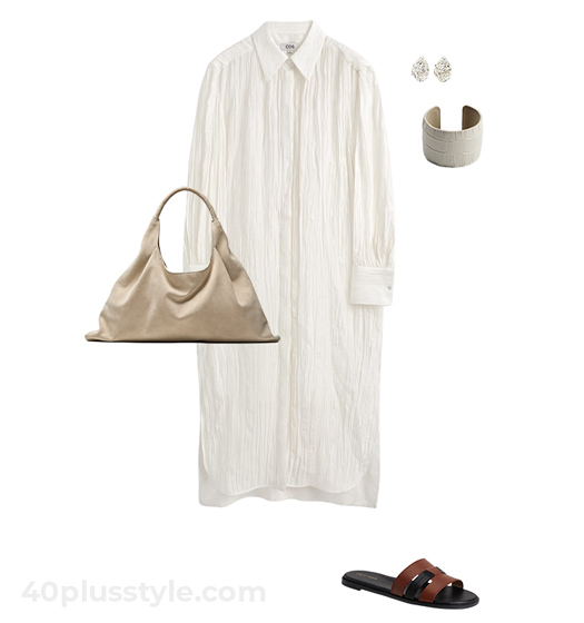 Crinkle dress and slides | 40plusstyle.com