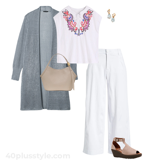 Tops to hide a tummy - Long cardigan outfit idea to hide your tummy | 40plusstyle.com