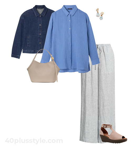 Tops to hide a tummy - Short jacket worn with shirt and jeans | 40plusstyle.com