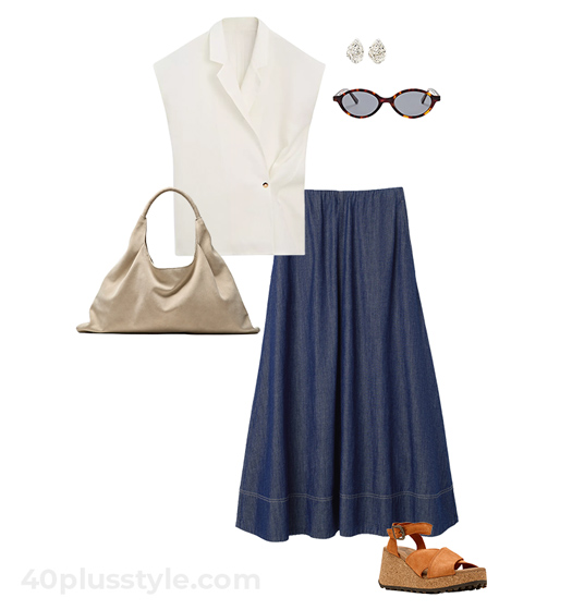 White top and denim skirt | 40plusstyle.com