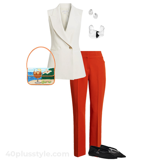 Waistcoat and red pants | 40plusstyle.com