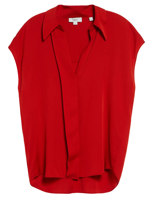 Vince Cap Sleeve Stretch Silk Button-Up Shirt | 40plusstyle.com