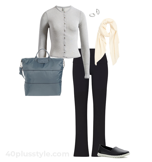 Cardigan and pull-on pants outfit for plane travel | 40plusstyle.com
