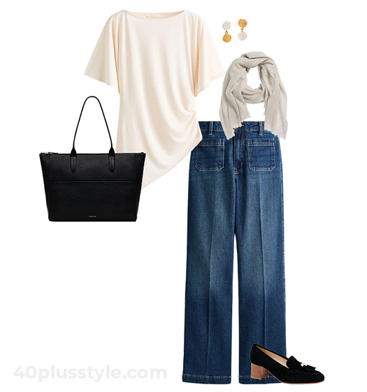 Draped top and jeans | 40plusstyle.com