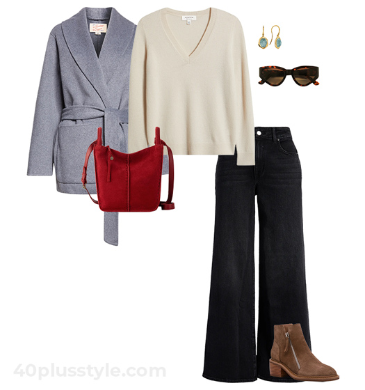 Wrap coat and jeans | 40plusstyle.com
