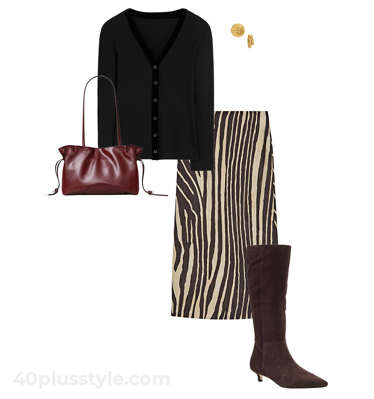 Velvet cardigan and zebra skirt | 40plusstyle.com