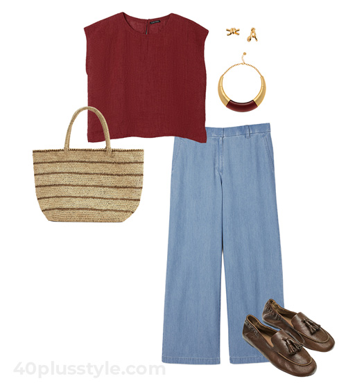 Burgundy top and denim pants | 40plusstyle.com