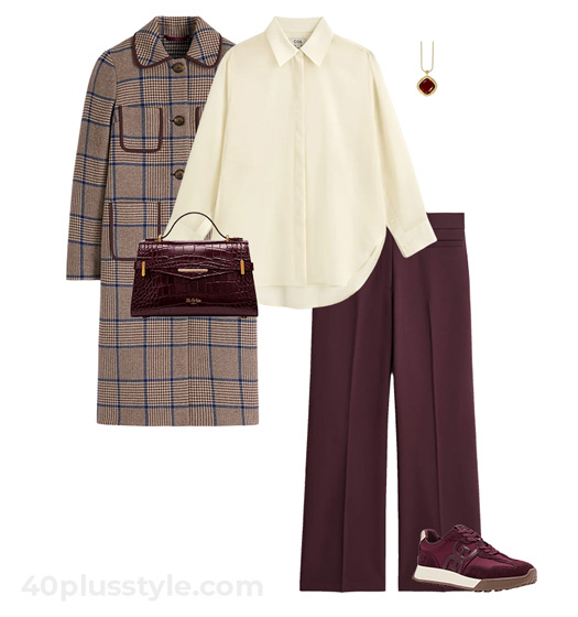 Burgundy pants and check coat | 40plusstyle.com